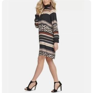 NWT DKNY Brown Striped Cheetah Print Keyhole Mock Neck Midi Dress Womens XS